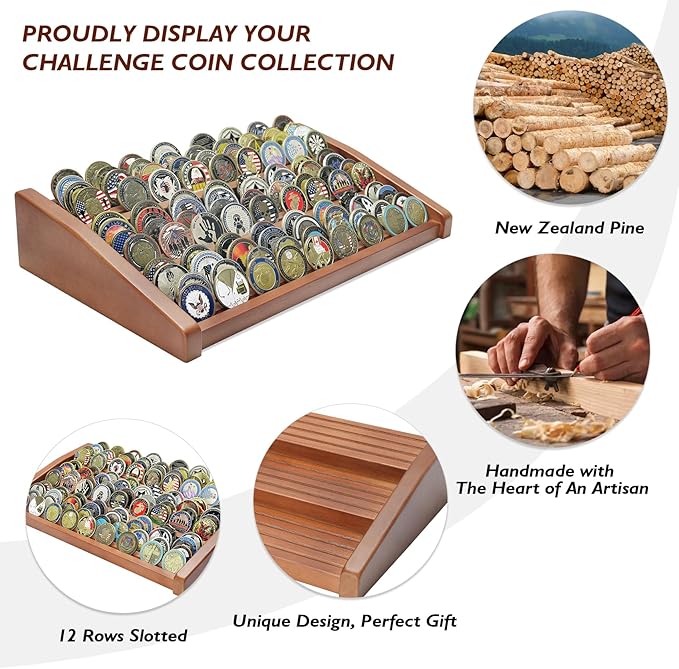 12 Rows Solid Wood Military Challenge Coin Display Stand Holds 90-100 Coins Army Coin Holder Display Police Coin Rack for Countertop, Walnut