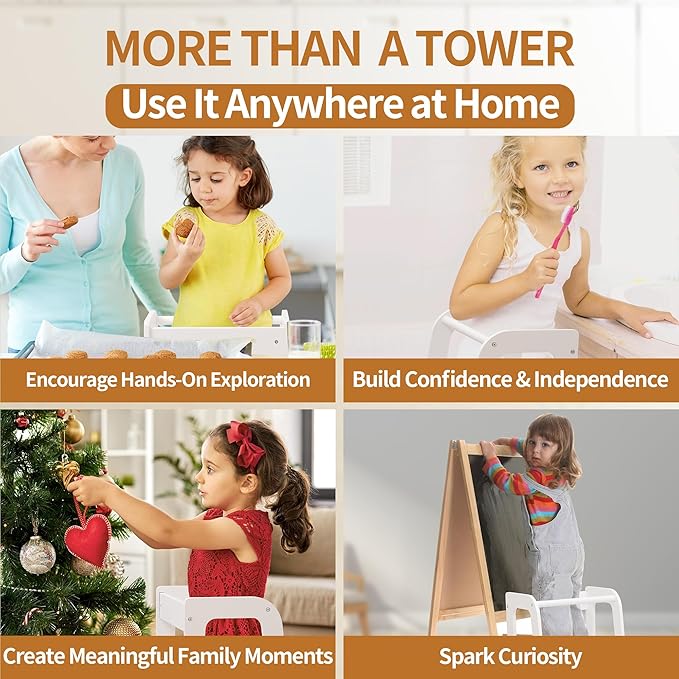 Toddler Kitchen Helper Tower for Ages 1–6 – 3-Level Adjustable Learning Tower with Safety Design, Toddler Standing Tower & Kitchen Helper Stool, CPC Certified, White