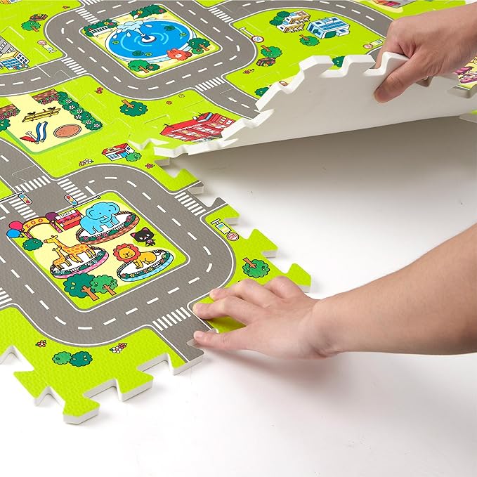 Baby Play Mats for Floor, Foam Play Mat, Interlocking Foam Tiles City Road Track Puzzle Mat 9 Pieces