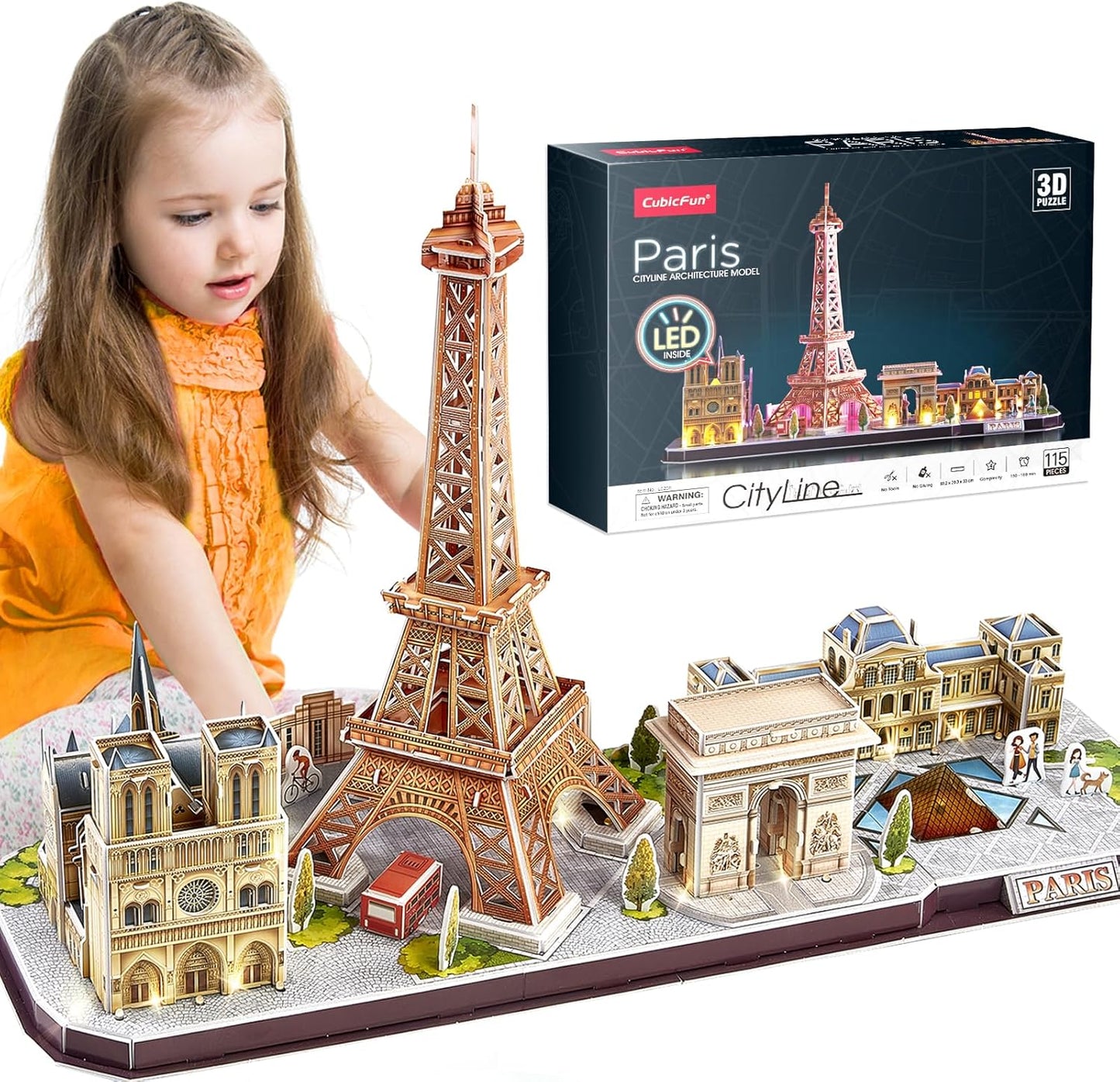 CubicFun 3D Puzzle LED Paris Cityline, 115 Pieces, 1 Count, Ages 8-12, Modern Style, Unisex, Gray, Intermediate Skill, Patience Skill, 15.748 x 4 x 12.87 inches, Assembly & Disassembly, PUZZLES