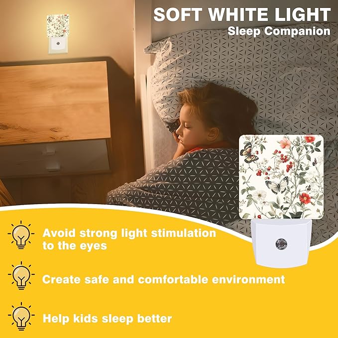 Vintage Flower and Butterfly Night Light, Plug-in Nightlight with Dusk to Dawn Auto Sensor for Home Bedroom Hallway Kitchen 0.5W Sleep Friendly Led Lamp for Women Men