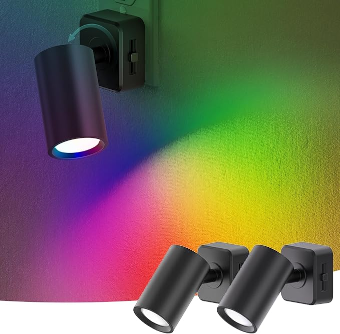 Night Lights Plug into Wall, 320° Rotation Night Light, RGB Color Changing Nightlight, Spot Light Dimmable Brightness, Dusk to Dawn Nightlight for Bedroom, Spot Light, Kids Room, Stair, 2 Pack