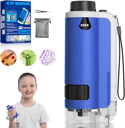 Portable Handheld Mini Microscope for Kids, 100x-250x Zoom with LED Lights, Alloy Pocket Microscope for Boys & Girls, Educational Science Kit (Blue)