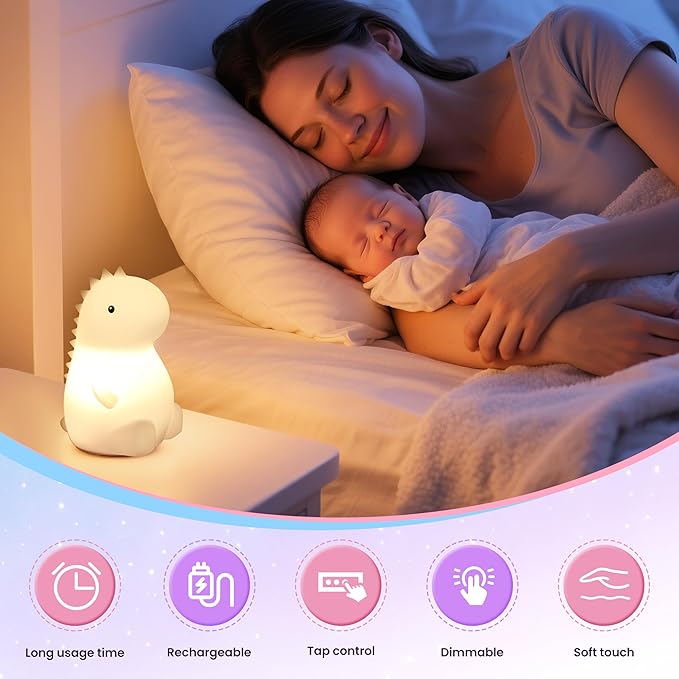 Night Light for Kids, Rechargeable Dimmable Silicone LED Nightlight with 7 Colors, Baby Nursery Night Lamp, Touch Squishy Lamp, Cute Gifts for Girls, Boys, Toddler Room Decor, Dinosaur