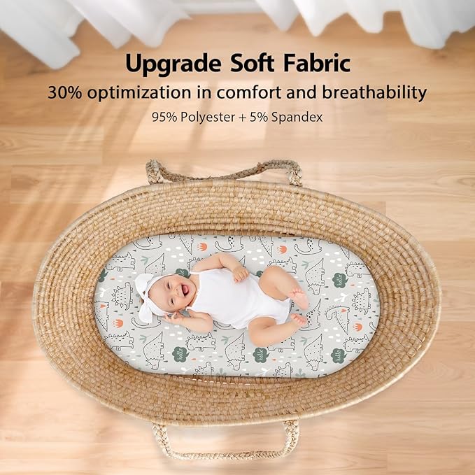 Baby Bassinet Sheets Girl Boy, Fitted Bassinet Sheet Set 3 Pack Bassinet Mattress Sheets Universal Fit for Rectangle, Round, Oval, Hourglass Mattress, Soft Breathable Green & Apricot Lion