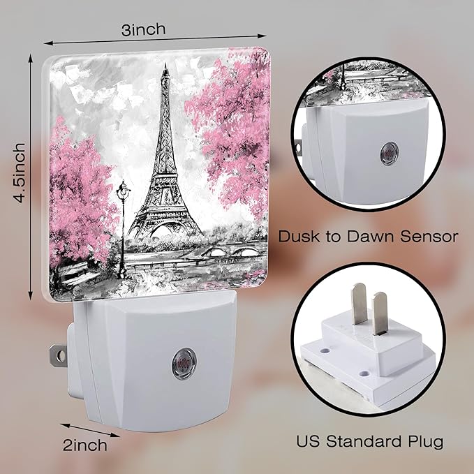 Pink Cherry Blossoms Tree and Eiffel Tower Night Light Plug into Wall,Modern Art Floral Oil Painting Dusk to Dawn Night Light,0.5w Energy Saving Nightlights for Kids Boys Girls Home