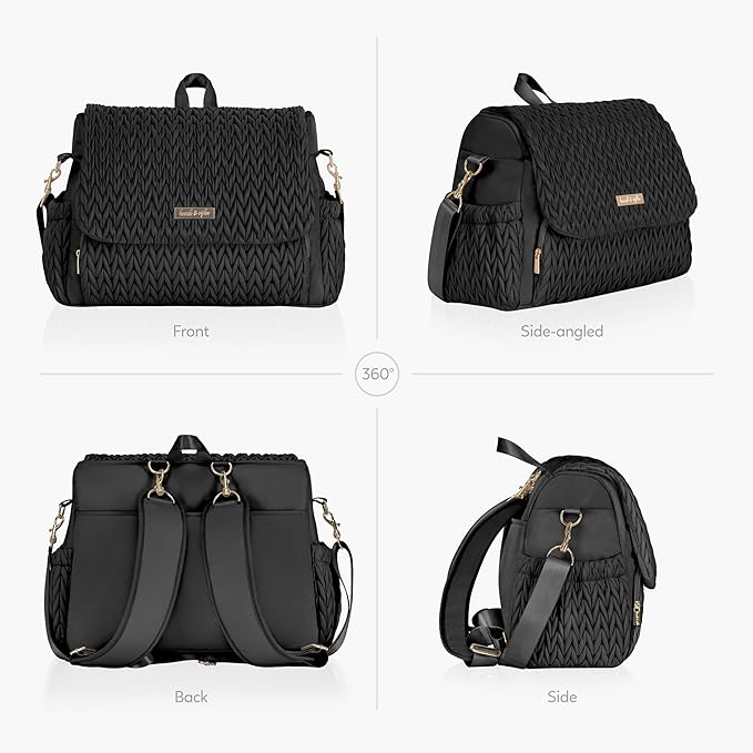 Hannah & Sophia Belle Convertible Baby Diaper Backpack & Bag in Black, Large Size, Dual Sided Water Resistant Changing Mat Included, Detachable Shoulder Straps, Easy To Use