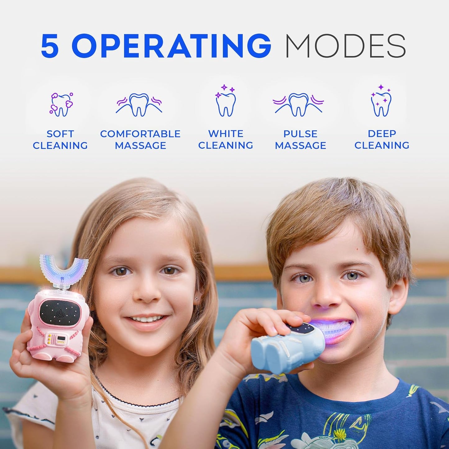 Bendi Kids U-Shaped Electric Toothbrush Ages 2-7 – 360° Mouthguard Design with Memory, 5 Brushing Modes & Multiple Heads Soft Silicone Auto Toothbrush for Toddlers & Children – Travel-Friendly (Blue)