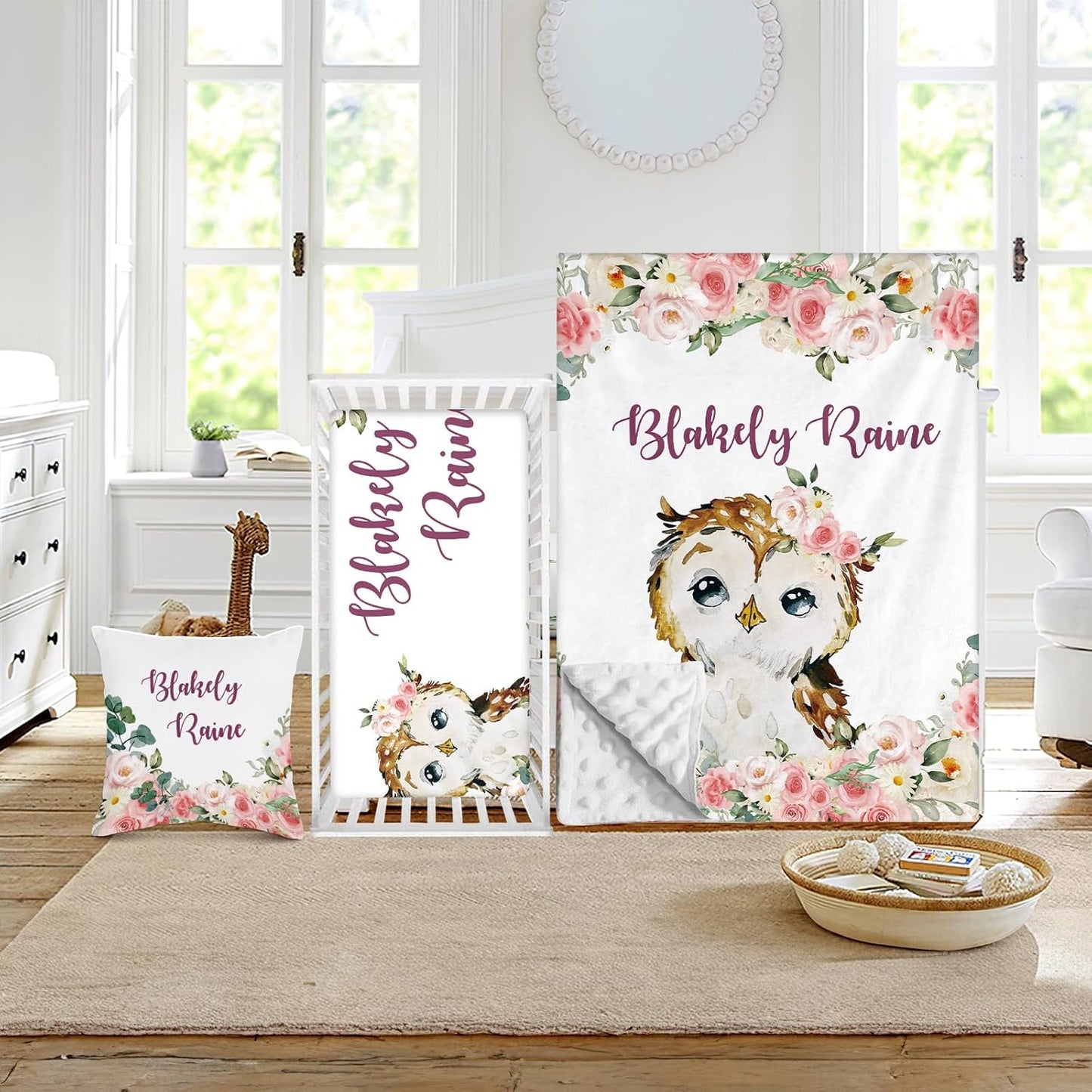 Custom Crib Bedding Set - Owl Design Personalized Name Baby Nursery Bed 3 Pcs Set - Chic Soft Blanket with Dotted Backing, Sheet, Pillowcase for Newborn Girls Boys Gifts Color22