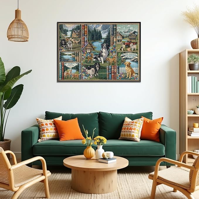 Jigsaw Puzzles for Adults 1000 Pieces, Rocorose Dogs Bookshelf Nature Landscape Puzzle Difficult Animal Jigsaw Puzzles for Family Challenging for Game Night Puzzle Book Home Decoration