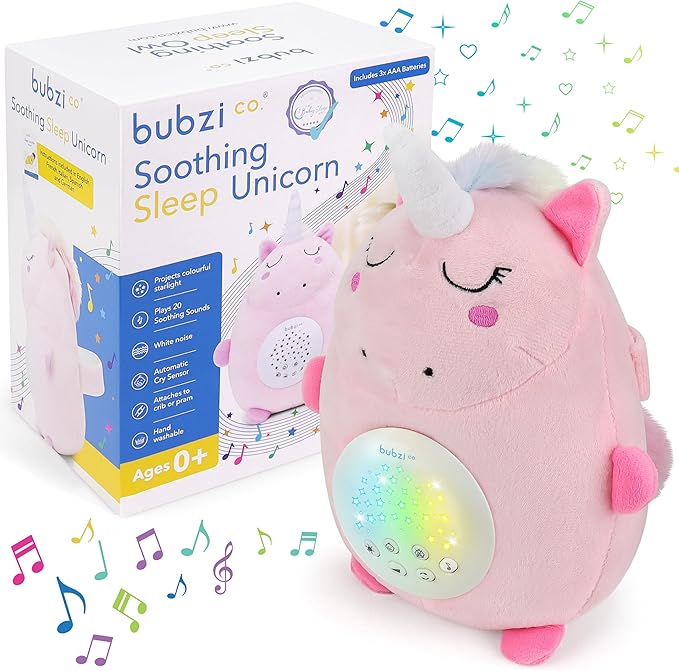 Bubzi Co Unicorn Baby Sound Machine & Night Light Projector, Portable Sleep Aid with White Noise & Soothing Shush Sounds
