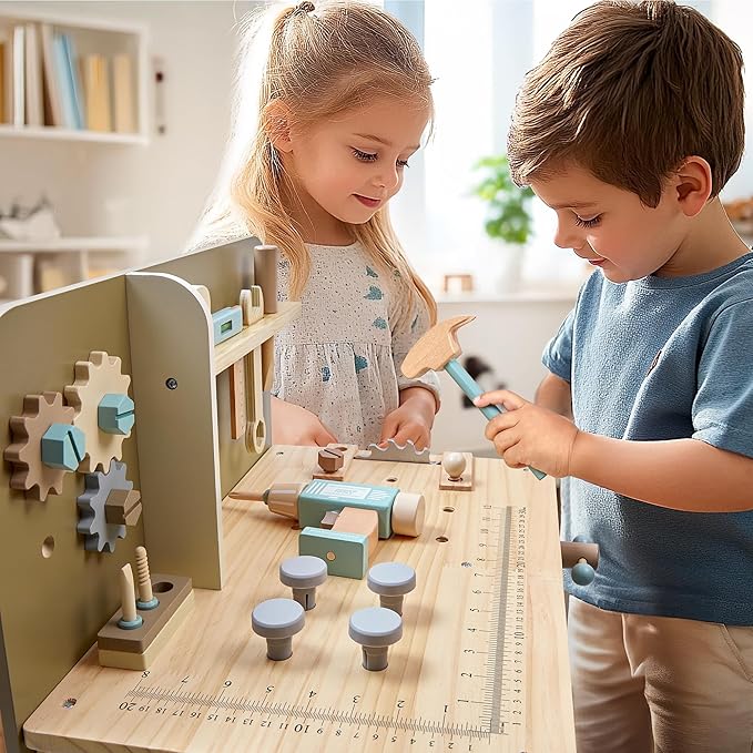Kids Tool Set,Wooden Tools Bench with Apron Toddler Toy Workbench with Realistic Tools Electric Drill STEM Construction Toy Gifts for Age 3-9 Boys Girls