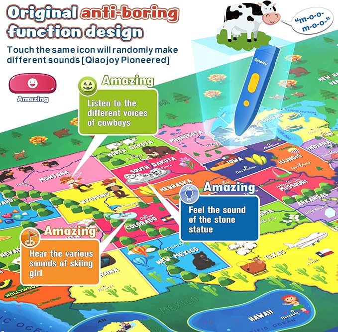 Bilingual Interactive for Kids Talking USA Map for Kids Learning, Geography Toys Games Educational Electronic Map Christmas Personalized Gift/Toys for 4 5 6 7 8 9 10 Year Old Girls/Boys