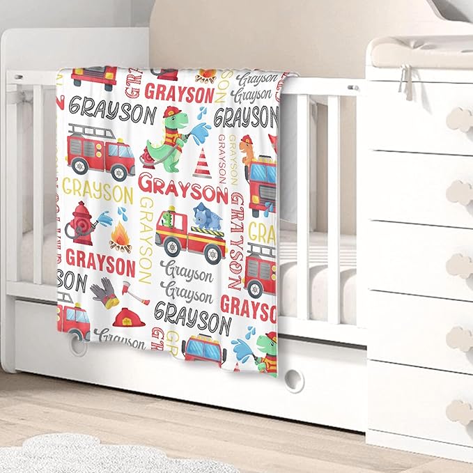 Personalized Baby Blanket for Girls Boys Kids Truck Dinosaur Custom Baby Blanket with Name Throw Birthday Gift for Toddlers Infants Shower Newborns Nursery Stroller Crib Bed Decor