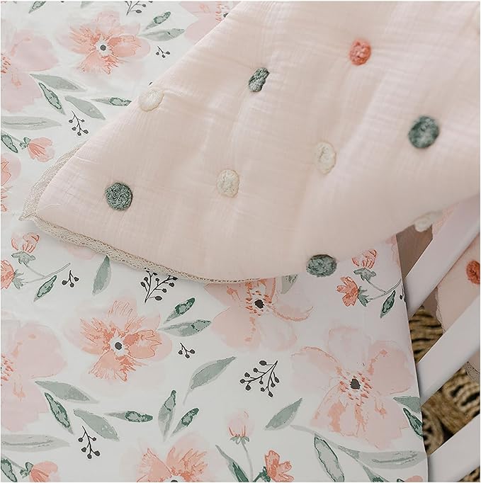Crane Baby Floral Crib Sheets, 100% Cotton, Breathable Baby Bedding for Standard Mattress, Pink Nursery Decor, Machine Washable Pink Floral Crib, Toddler Sheets