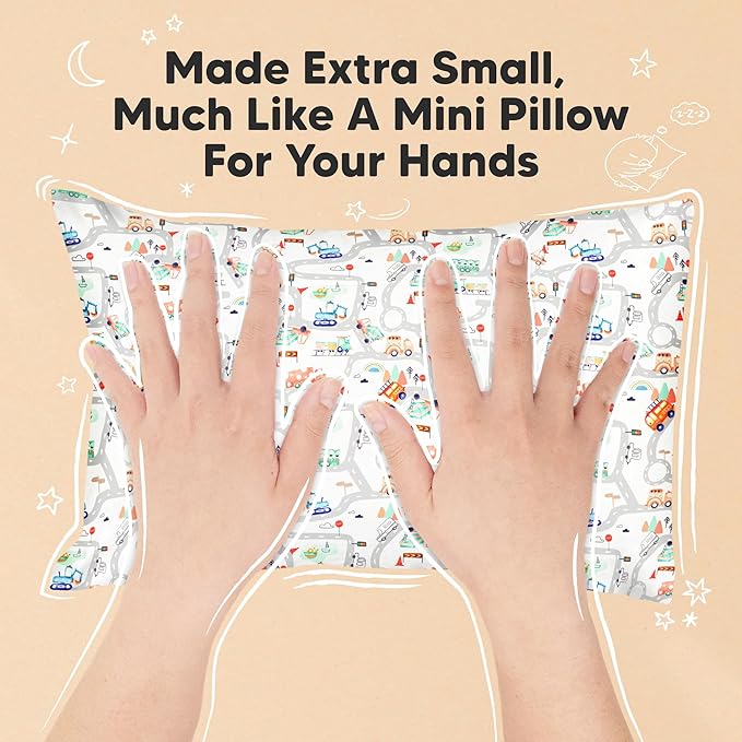 Mini Toddler Pillow with Pillowcase - 9x13 My Little Dreamy Travel Kids Pillow for Sleeping, Toddler Bed, Small, Tiny, Organic Cotton Pillowcase, Soft & Breathable, Kids 2-4 Years Old (Roadway)