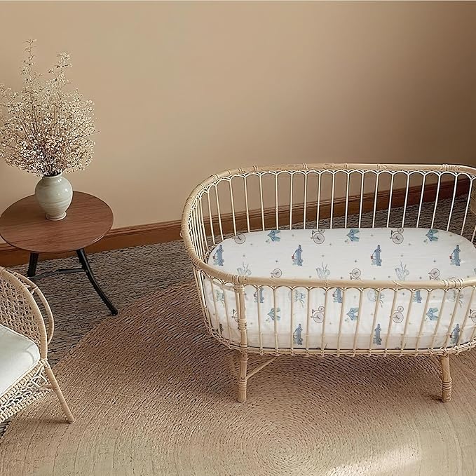 Muslin Bassinet Fitted Sheets, 2 Pack for Baby Boy and Girl, Soft Breathable Baby Pad/Mattress Sheet, Fit for Hourglass Oval and Rectangle Bassinet Mattress (Cute Cars)