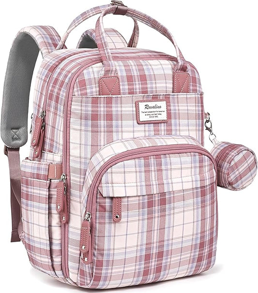 RUVALINO Diaper Bag Backpack, Multifunction Travel Pack Maternity Baby Changing Bags, Large Capacity, Waterproof, Pink Plaid