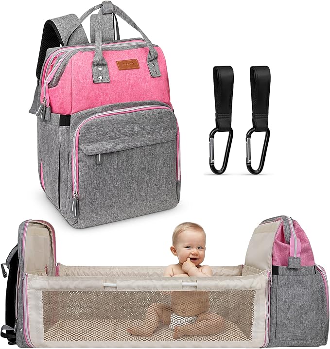 Grey Pink Baby Diaper Bag Backpack with Changing Station for Boy & Girl, Multifunction Large Diaper Bag Backpack for Mom, waterproof travel diaper bag for women, pañaleras para bebe niña