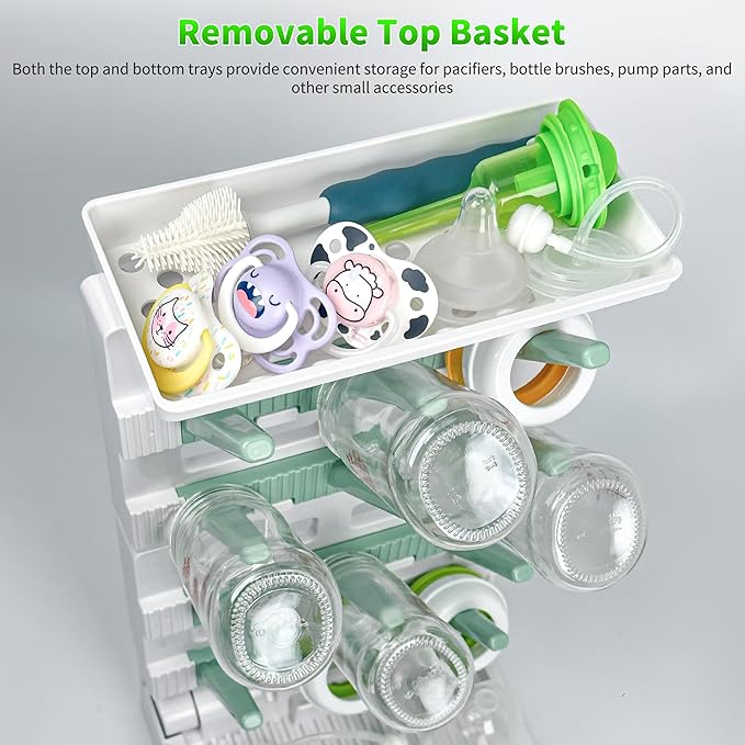 Baby Bottle Drying Rack for 12 Bottles, Space Saving Countertop Vertical Standing Bottle Dryer Rack for Baby Accessories & Pump Parts （Large White&Green）