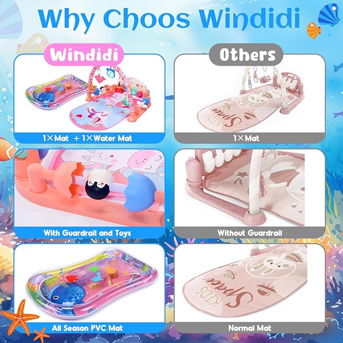 Baby Gyms Play Mats with Tummy Time Water Mat, Baby Activity Mat Play Piano Gym with 5 Sensory Toys for Babies, Music and Lights Boy & Girl Gifts for Infant Newborn Babies 0-3 4-6 6-9 6-12 Months