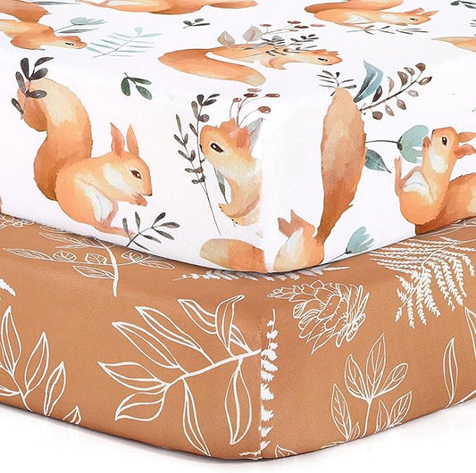 Pack n Play Sheets, BROLEX 2 Pack Mini Crib Sheets,Stretchy Portable Fitted Playard Sheet Set, Convertible Playard Mattress Cover,Ultra Soft Breathable Material,Squirrel & Foliage