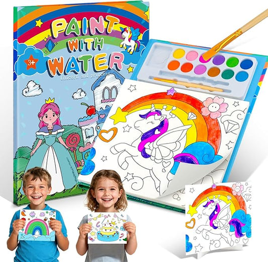 12 Colors Paint with Water Coloring Book for Toddlers, 5 Display Stands Watercolor Paint Set for Kids Ages 3-5 4-8, Arts and Crafts Drawing Activities Toys Birthday Holiday Gifts for Boys Girls