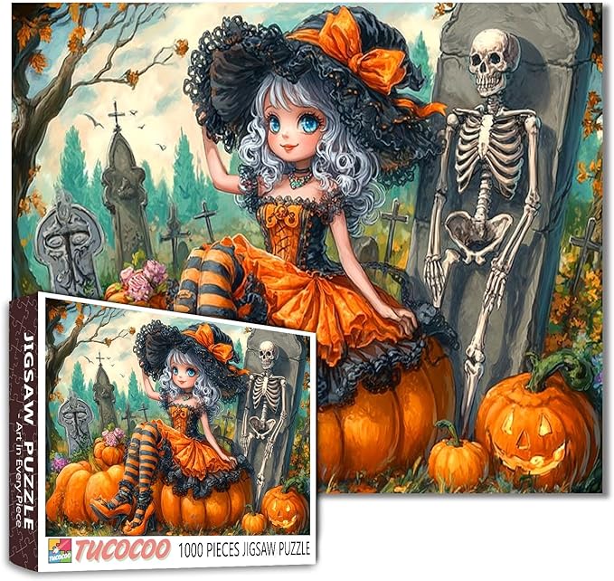 1000 Piece Jigsaw Puzzle for Adults Halloween Witch Fantasy Puzzle with Pumpkins Skeleton and Graveyard – Spooky Gothic Art Puzzle for Women Men Teens Family Challenging Fun Halloween Decor Gift