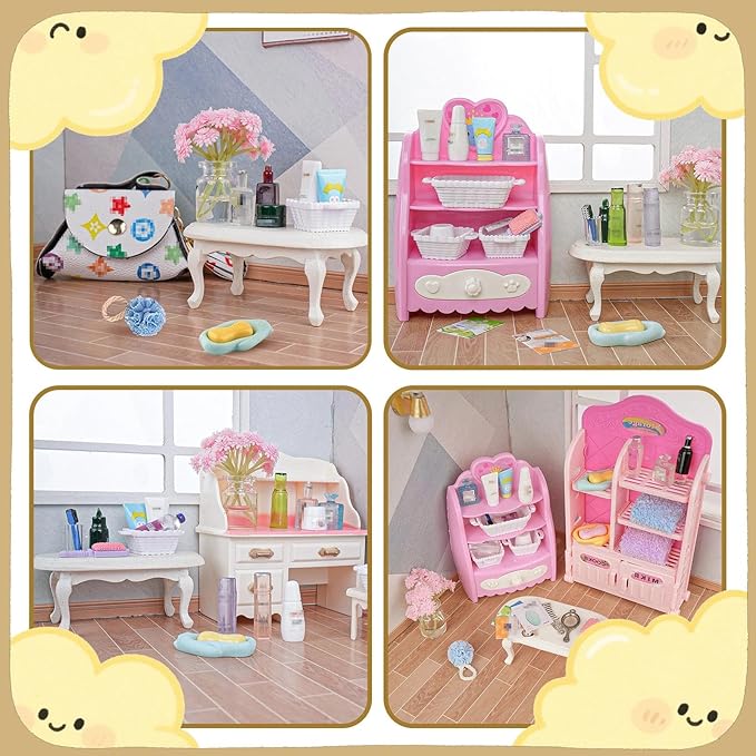 74Pcs Dollhouse Acessories Furniture Mini Cabinet with Drawers Case Handbag Towel Cosmetic Set Bathroom Toothbrush Shampoo Hair Dryer Comb Purse Decor DIY Doll Backpack Girl Micro Scene Makeup