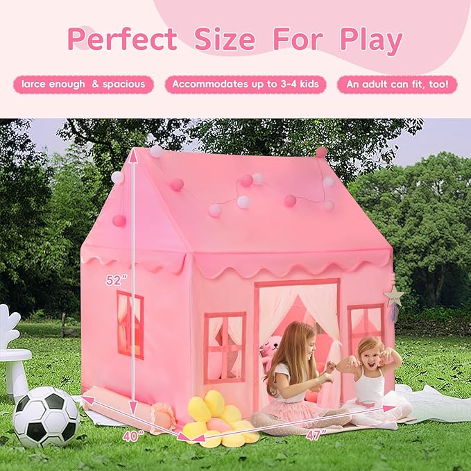 Large Kids Tent Playhouse Basic Mat with Star Lights, Flags and Tote Bags, Play Tent Indoor & Outdoor, Washable Teepee Tent for Boys & Girls, Kids Play House for Toddler（Pink）