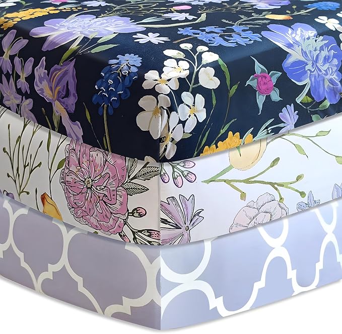 AMROSE 3 Pack Soft Floral Crib Sheets for Baby Girls, 28'' X 52'' Fitted Crib Sheets for Crib and Toddler Mattress Pad, Silk Touch Gentle Breathable Microfiber, Violet