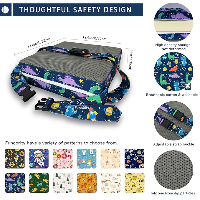 Toddler Booster Seat for Dining Table, Portable Booster Seat for Kitchen Chair, 4 Inch High-Density Foam Cushion with Adjustable Safety Straps and Non-Slip Bottom, Perfect for Kids Travel and Daily