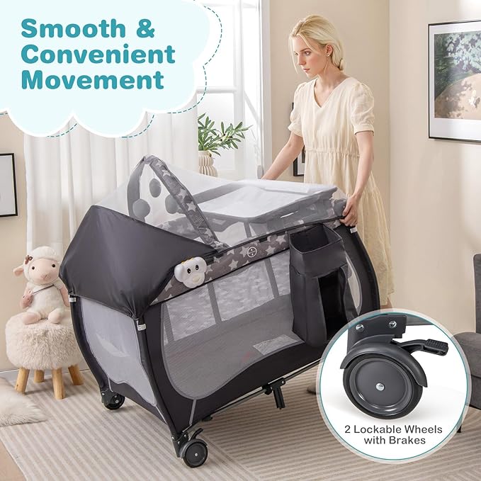 HONEY JOY Pack and Play, 4 in 1 Portable Baby Playard with Bassinet, Changing Table, Lockable Wheels, Music Box, Foldable Travel Baby Crib Nursery Center from Newborn to Toddler(Gray)