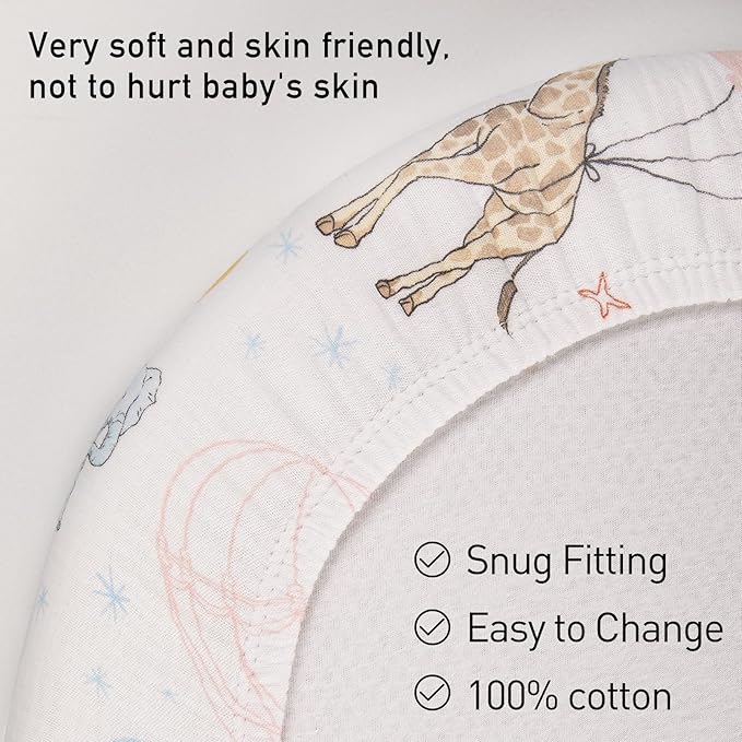 Muslin Bassinet Fitted Sheets, 2 Pack for Baby Boy and Girl, Soft Breathable Baby Pad/Mattress Sheet, Fit for Hourglass Oval and Rectangle Bassinet Mattress (Cute Animals)