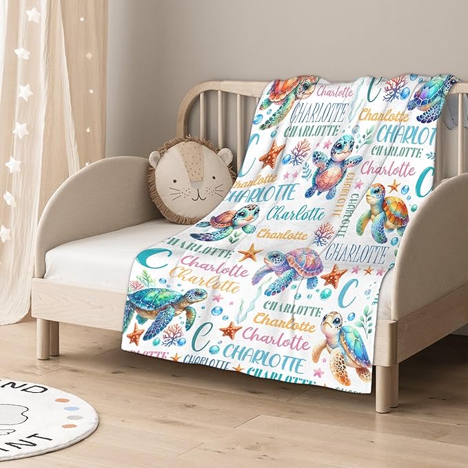 Personalized Baby Blanket for Girls Boys Kids Sea Turtle Custom Baby Blanket with Name Throw Birthday Gift for Toddlers Infants Shower Newborns Nursery Stroller Crib Bed Decor
