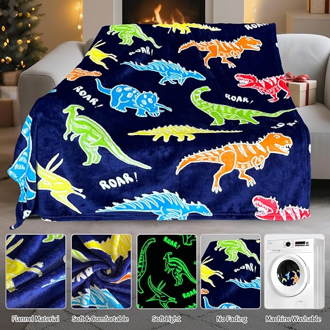 TEHALK Dinosaur Glow in The Dark Blanket for Boys/Girls/Toddler/Baby, Dinosaur Toys for Boy Age 3-12, Cute Funny Kids Throw Blanket for Birthday/Gifts 40"x 60"