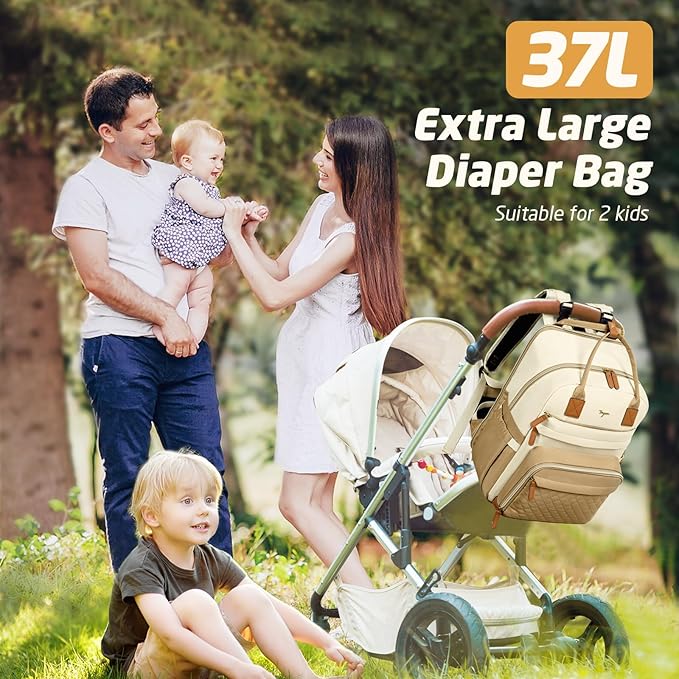 Diaper Bag Backpack - Extra Large Diaper Bag for 2 Kids Twin, Travel Baby Bags for Mom Dad 25-37L Expandable with Changing Pad Earphone Hole, Apricot Beige