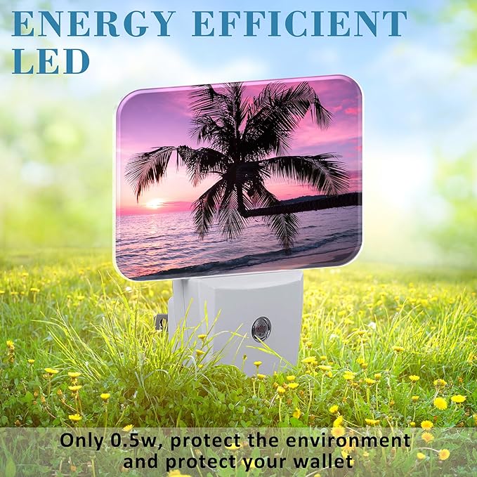 Beautiful Purple Pink Sunset Night Light Tropical Palm Tree Nightlight Plug into Wall with Dusk to Dawn Sensor for Kid Girls Boys Women Men Room, Hallway, Kitchen, Bathroom, Stairs Decor