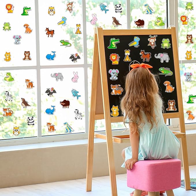 Whaline 2 Sheets Animal Alphabet Thick Gel Clings Cute Cartoon 26 A-Z Letters Animal Reusable Window Decals for Educational Spelling Learning Home Classroom Nursery Decor