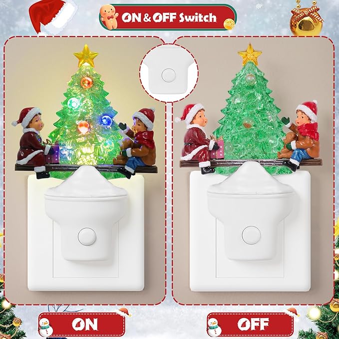 Christmas Night Light Plug into Wall Nightlight with USB/Outlet Options, Christmas Tree Decorative Night Light for Bedroom Kitchen Nursery Holiday Decorations Gifts (Seesaw)