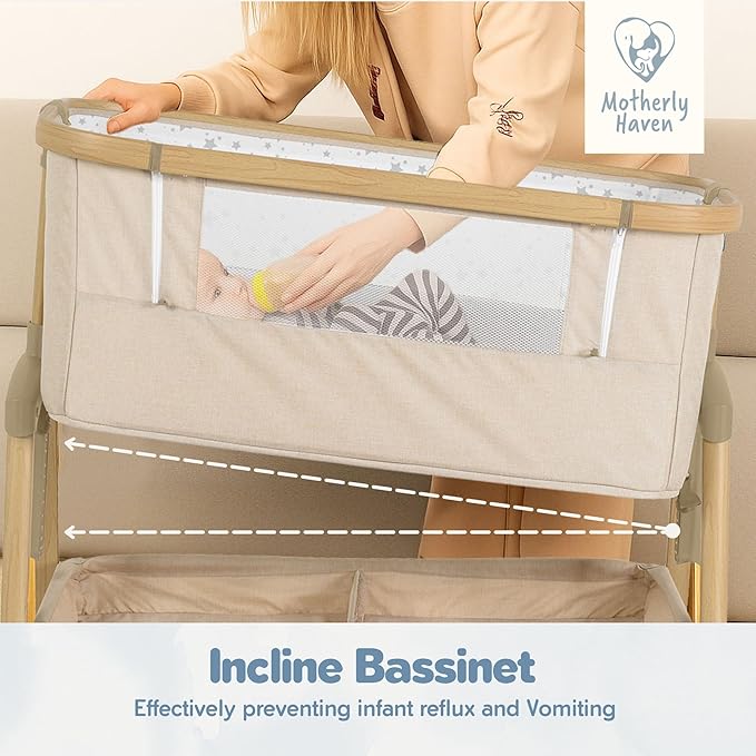 Baby Bassinet Bedside Sleeper, Portable Crib for Newborns, Adjustable 7-Height Auto-Lock, with Wheels, Soft Mattress & Breathable Mesh (Beige)