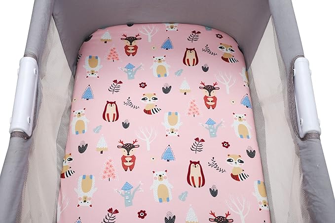 Onacosht Bassinet Sheets for Baby Boy and Girl, Stretchy Fitted Sheet Universal for Bassinet Cradle Hourglass Oval Rectangle Pad/Mattress, 4 Pack Deer, Elephant, Rabbit and Squirrel Printing