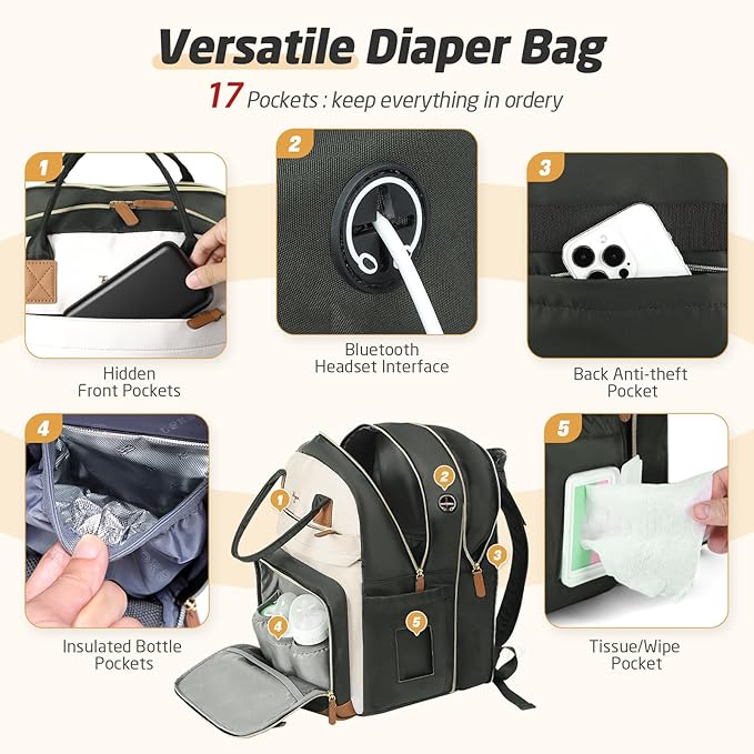 Diaper Bag Backpack - Extra Large Diaper Bag for 2 Kids Twin, Travel Baby Bags for Mom Dad 25-37L Expandable with Changing Pad Earphone Hole, Apricot Grey