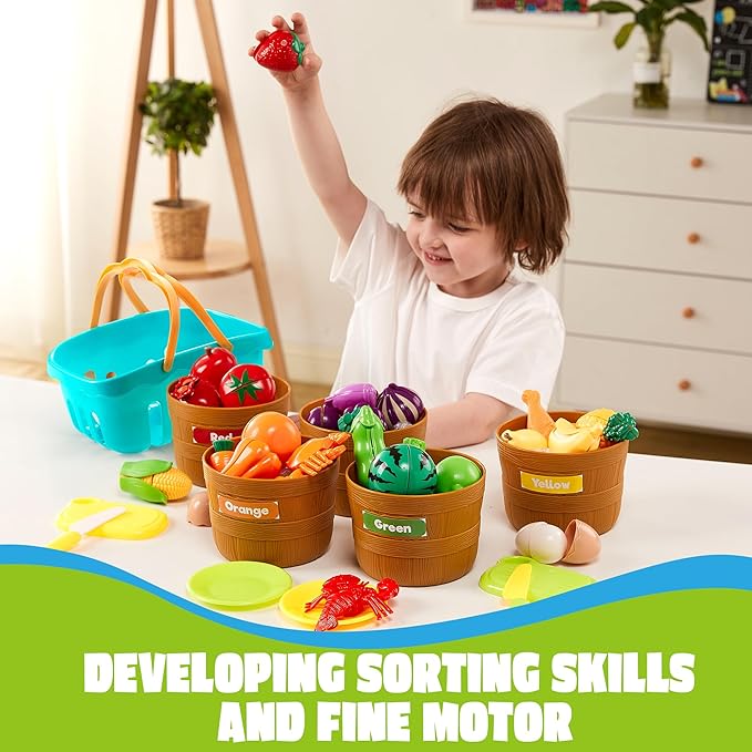 JOYIN Educational Toys Play Food Set for Toddlers, Cutting Food for Preschool Activities, Pretend Play Kitchen Accessories, Learning Toys, Color Sorting Set for Boys & Girls, Gifts for Christmas