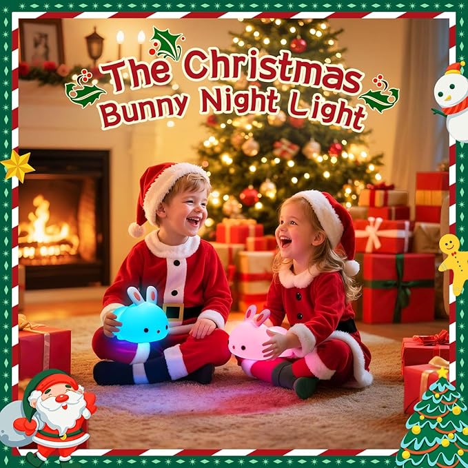 One Fire Bunny Christmas Night Light for Kids, 16 Colors Cute Lamp, Soft Silicone Baby Night Light, 1200mAh Portable Dimmable Touch Lamps, Kawaii Room Decor Stuff, Gifts for Christmas|Halloween|Easter