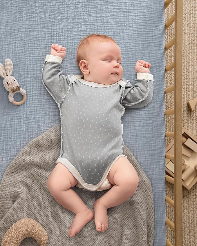 Blissful Diary Muslin Crib Sheets for Girl Boy, Boho Neutral Soft Cotton Baby Sheet for 52''x28'' Standard Crib Mattress, 2 Pack(Light Blue&Grey)