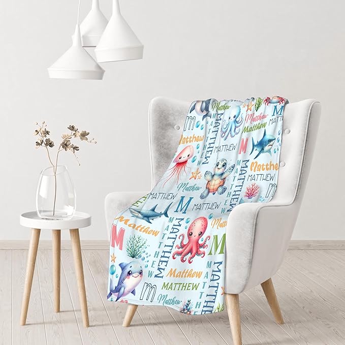 Personalized Baby Blanket for Girls Boys Kids Turtle Sea Animals Custom Baby Blanket with Name Throw Birthday Gift for Toddlers Infants Shower Newborns Nursery Stroller Crib Bed Decor