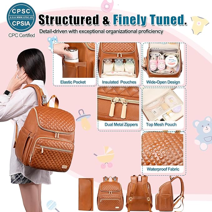 Weitars Diaper Bag Backpack Leather Baby Diaper Bag with Changing Pad Travel Diaper Backpack,Baby Bag for Mom,Stroller Straps,5 Insulated Pockets (Brown Leather)
