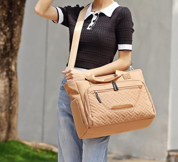 Diaper Bag Tote for Women, Travel Diaper Bag with Insulated Pocket for Toddler & Newborn. Baby Bag with 15.6 Inch Laptop Compartment (Light Brown)