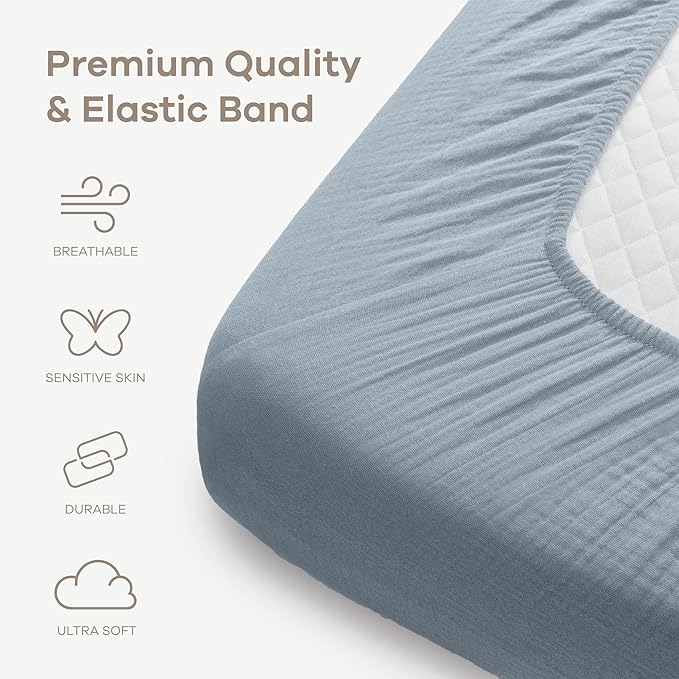 Comfy Cubs 100% Muslin Cotton Fitted Crib Sheet - Soft, Standard & Breathable Crib Sheets for Toddler Mattress - Snug Fit, Secure Elastic with Beautiful Packaging for Boys & Girls - Pacific Blue